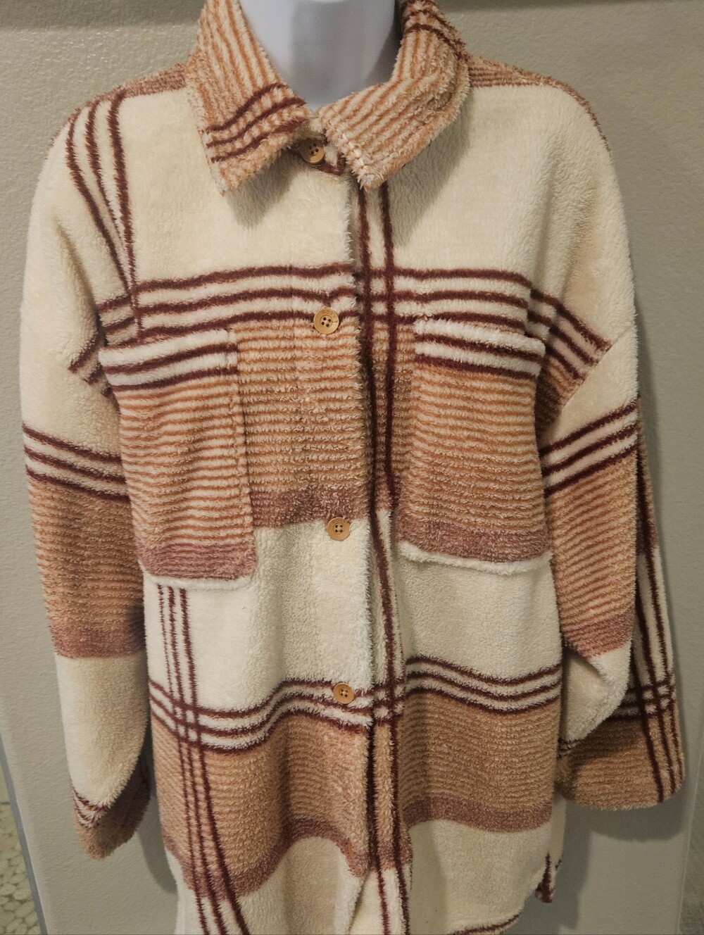Roxy Plaid Sherpa Fleece Shacket Jacket Oversized Cream Brown Women’s M
